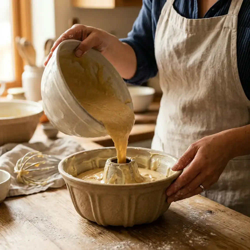 Nahaufnahme von Händen, die liebevoll einen Kuchenteig in eine Form füllen