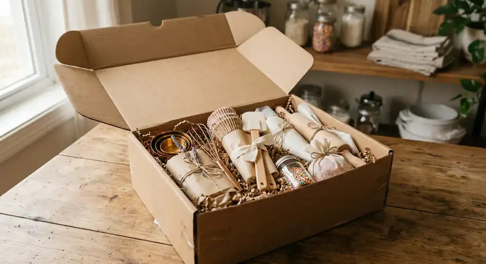 Sorgfältig verpacktes Backzubehör bereit für den Versand