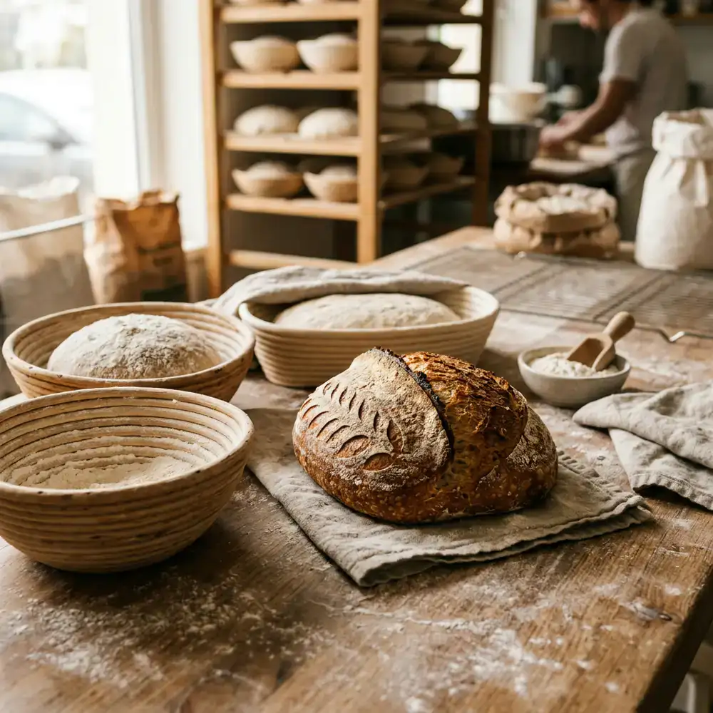 Rustikales Sauerteigbrot umgeben von Gärkörben