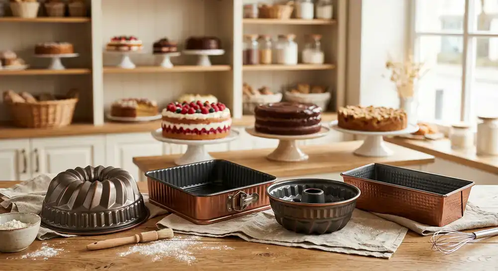 Verschiedene edle Kuchenformen mit Torten im Hintergrund