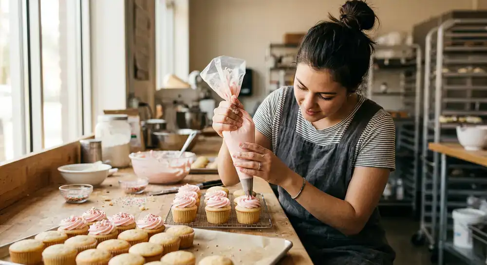 Person garniert Cupcakes mit einem Spritzbeutel