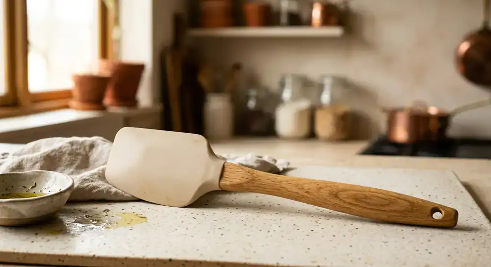 Hitzebeständiger Silikonspatel mit Holzgriff