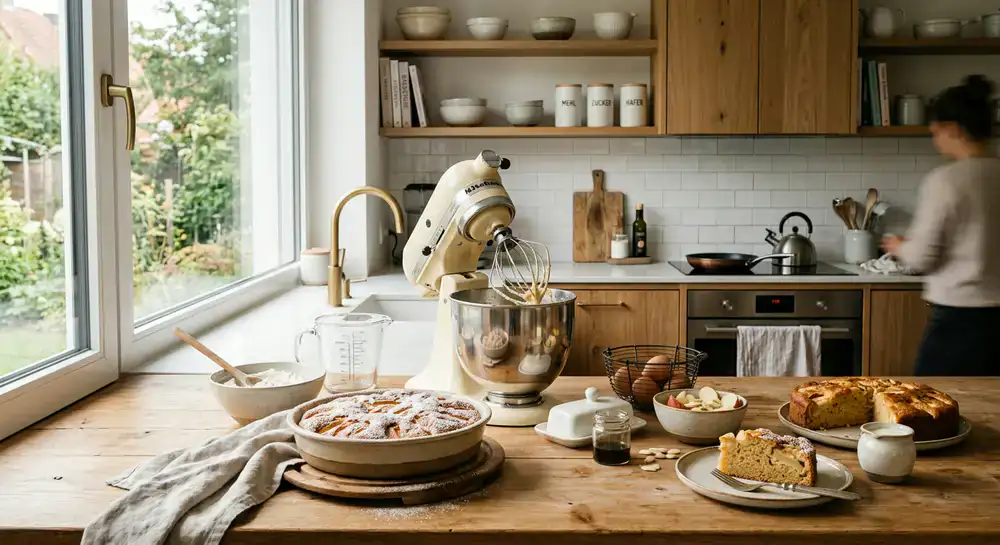 Warme moderne Küche mit Backutensilien und frisch gebackenem Kuchen